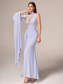 VIPGIRL New Light Blue One-Shoulder Handmade Floral Design Mesh Patchwork Pleated Skirt Elegant Luxurious Graceful Evening Gown - Baby Blue - View 8