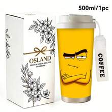 1/5 pièces Gobelet à café en acier inoxydable 18oz, Tasse de voyage avec impression de visage de mème aux bras croisés grincheux sur fond jaune, Couvercle à paille multifonction, Sangle de cou en argent COFFEE, Cadeau idéal pour les amateurs de mèmes et les amis sarcastiques, Convient pour le bureau quotidien - Mème tsundere - Voir 3