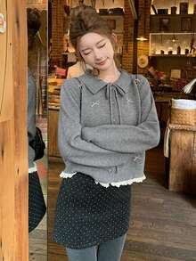 Women's Bow Knot Lace Front Tie Long Sleeve Knit Cardigan - Grey - View 4