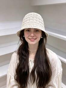 鏤空針織水桶帽 女款後開衩水桶帽 時尚百搭防曬帽 - A - 查看 1