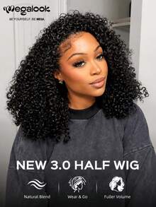 MEGALOOK Afro Kinky Curly 3合1半頭套 無膠半頭套 100%真髮附抽繩 自然色 初學者友善 捲髮假髮 自然外觀 日常使用 - SNatural - 查看 2