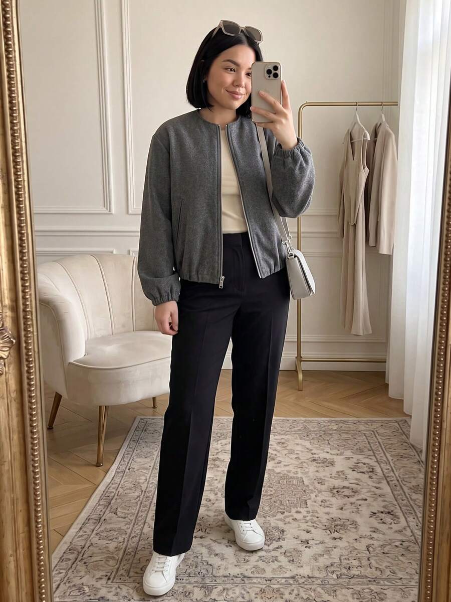 GMFP 女款夏秋休閒優雅時尚寬鬆灰色韓系圓領拉鍊短款羊毛外套,適合日、度假、返校、世界盃 - 灰色 - 查看 1