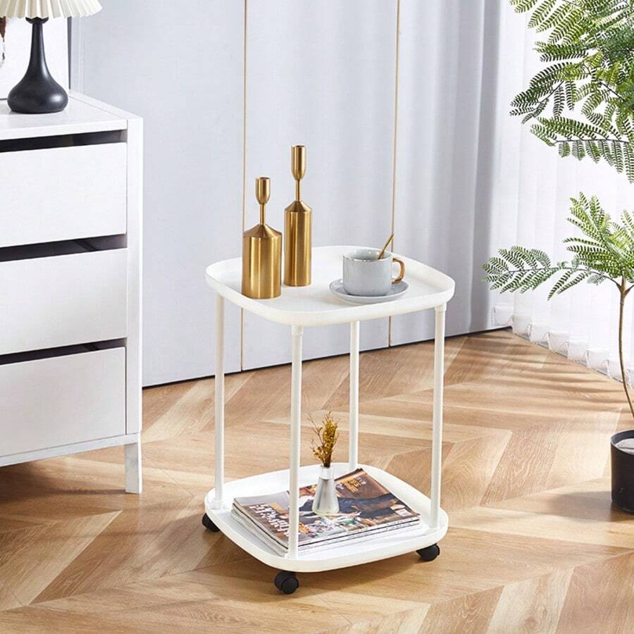 1pc Movable Double-Tier Side Table With Wheels, Living Room Sofa Edge Storage Table, Bedroom Nightstand Rolling Cart - White - View 1