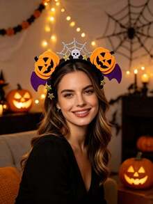 1pc/Set Halloween Witch Pumpkin Glitter Headband, Funny Pumpkin Headpiece, Witch Pumpkin Hair Accessory, Bat Ghost Festival Decoration Party Accessory - Multicolor - View 3