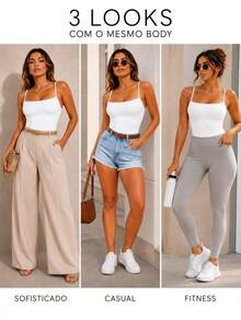 Body Bori Collant Feminino Alça Alcinha Decote Reto Com Bojo Forrado Modelador Tecido Com Elastano Versátil Moda Em Alta - Branco - Visão 5