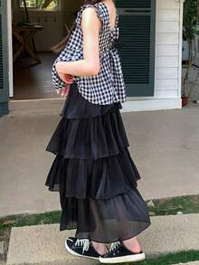 Women's Solid Color Pleated Casual Daily Skirt Black - Black - View 3