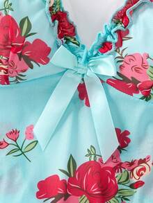 2pcs Sexy Lingerie Sleepwear Set, Includes Matching Thong, Exquisite Ruffle Hem, Vibrant Floral Pattern - Green - View 5