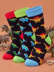 3/6 Pairs Unisex Dinosaur Series Mid-Calf Socks, Fun & Unique Street Style Colorblock Design, Soft & Comfortable For Daily Wear - Multicolor - View 1