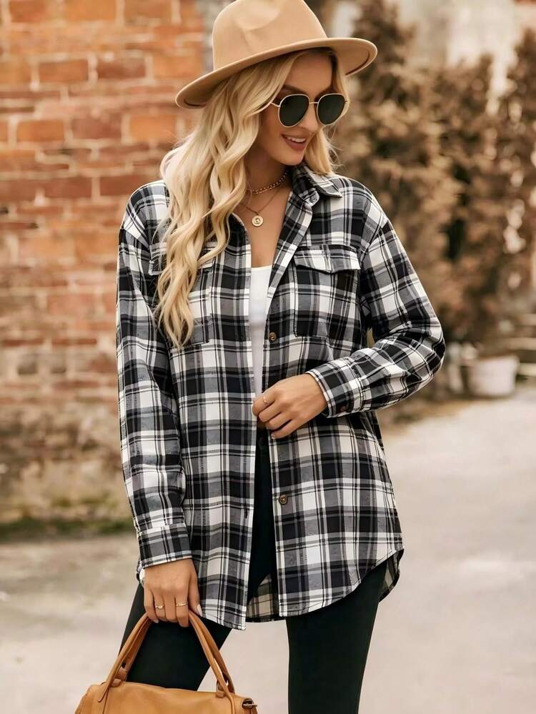 Women's Plaid Long Sleeve Button-Down Shirt Collar Top With Pockets, Dropped Shoulder Regular Length High-Low Hem Polyester Blouse, Suitable For Autumn/Winter Wear - Black - View 5