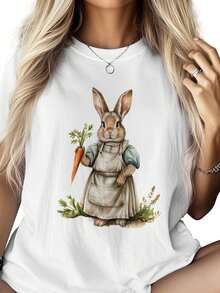 Women's-Shirt Easter Rabbit Carrot Vintage Short Sleeve Casual Tee Classic Crew Neck Shirt Women White - White - View 1