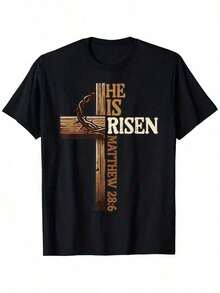 Easter Cross He Is Risen Jesus Christian Men Women T-Shirt For Men Women Couple Men Size-Unisex Casual Vintage Street-Style Loose-Fit Cotton T-Sh - Black - View 1