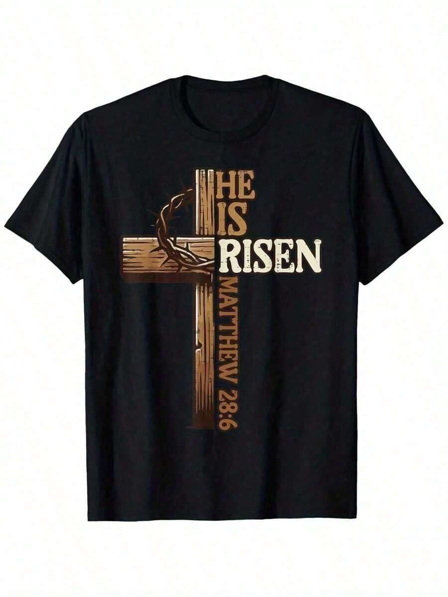 Easter Cross He Is Risen Jesus Christian Men Women T-Shirt For Men Women Couple Men Size-Unisex Casual Vintage Street-Style Loose-Fit Cotton T-Sh - Black - View 1