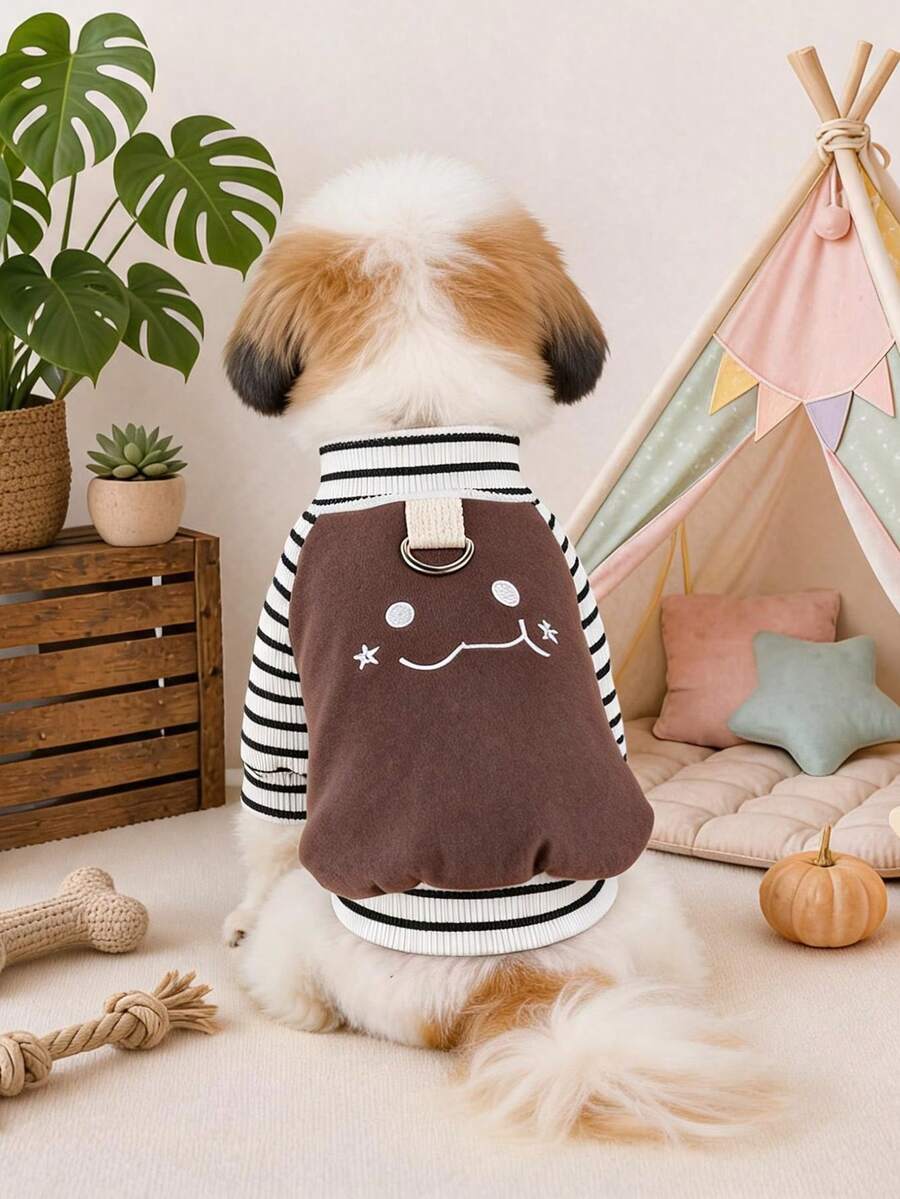 PETCIRCLE 1件寵物衣服 小狗幼犬可愛防風保暖簡約百搭親膚表情娃娃圓領毛衣-棕色 - 彩色 - 查看 1