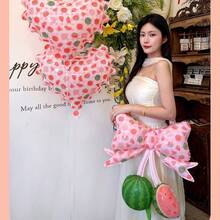 2pcs 20 Inch Fruit Print Bow Backpack Foil Balloons, Strawberry & Watermelon Design, Aesthetic Birthday Photo Props, Summer Party Decoration - View 2