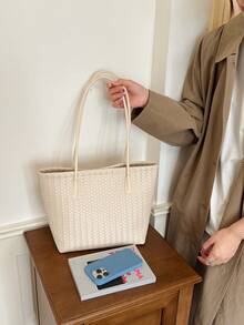 1 Piece Of Solid Color Large Capacity Woven Pattern Women's Bag, Fashionable And Versatile, Suitable For Women Commuting To Work Under The Armpit - White - View 6