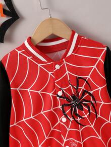 Boys' Spider Web Print Baseball Jacket, Young Boy Long Sleeve Red & Black Colorblock Varsity Style Baseball Jacket, Cartoon Spider Pattern Snap Button Casual Outerwear, Lightweight Fashion Jacket, Suitable For 4-7 Years Old Boys Daily Wear, Young Boy Spider Print Jacket - Multicolor - View 3