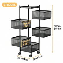 Kitchen Rotating Storage Trolley Cart, 360° Swivel Utility Vegetable Fruit Mobile Shelf Rack With Magnetic Top Tray & Lockable Wheels, 3/4/5 Tier Black Metal Mesh Organiser - 黑色 - 查看 10
