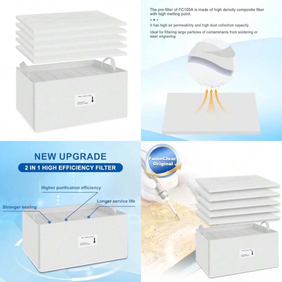 FumeClear FC-100A And FC-100A Remote Control Model Replacement Filters Sets High Efficiency 2-In-1 Replaceable Filter Set With 5 Pre-Filters And 1 Hepa Activated Carbon 2-In-1High Efficiency Filter - As Pic - View 1