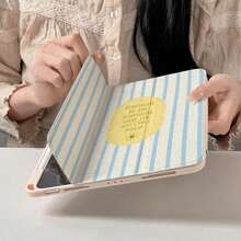 1件裝奶油底淺藍色直條紋陽光語錄雙面書本式多角度平板保護殼，附筆槽、多角度磁吸支架，支援自動休眠/喚醒，相容 iPad PRO/AIR、Pad 5/6/7、MatePad - 彩色 - 查看 3