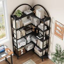 Estantería esquinera tipo L con arco – Librero industrial de 5 niveles – Marco metálico estable y estante amplio – Ideal para oficina, sala o dormitorio – Independiente, fácil de colocar - Negro - Ver 7