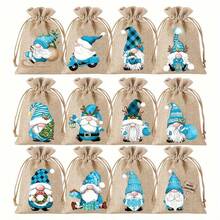 1/12/24pcs Christmas Burlap Drawstring Gift Bags, Christmas Gnome Linen Packaging Bags With 12 Random Cartoon Pattern Designs, Reusable Christmas Linen Bags, Small Christmas Gift Bags For Holiday Party Supplies - Multicolor - View 6