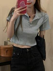 Women's Gray Short Sleeve Cropped Polo T-Shirt, V-Neck Slim Fit Slimming Thin Top, Summer - Grey - View 3