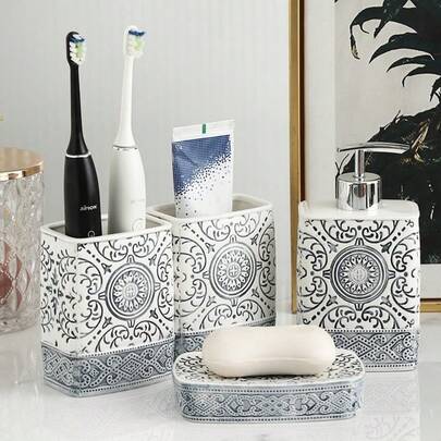 1 Pc Vintage Bohemian-Style Ceramic Bathroom Lotion Dispenser, Mouthwash Cup, Soap Dish-Featuring An Elegant, Cohesive Design; Suitable For Both Modern And Traditional Bathrooms, And An Ideal Housewarming Gif