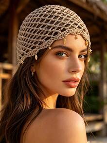 1pc Women's Bohemian Hollow Handmade Hat Band With Starfish & Shell Pendant, Vintage Crochet Knit Hat, Vacation Decorative Accessory For Photos, Suitable For Daily & Vacation Wear - Small Sequin Pendant - View 1