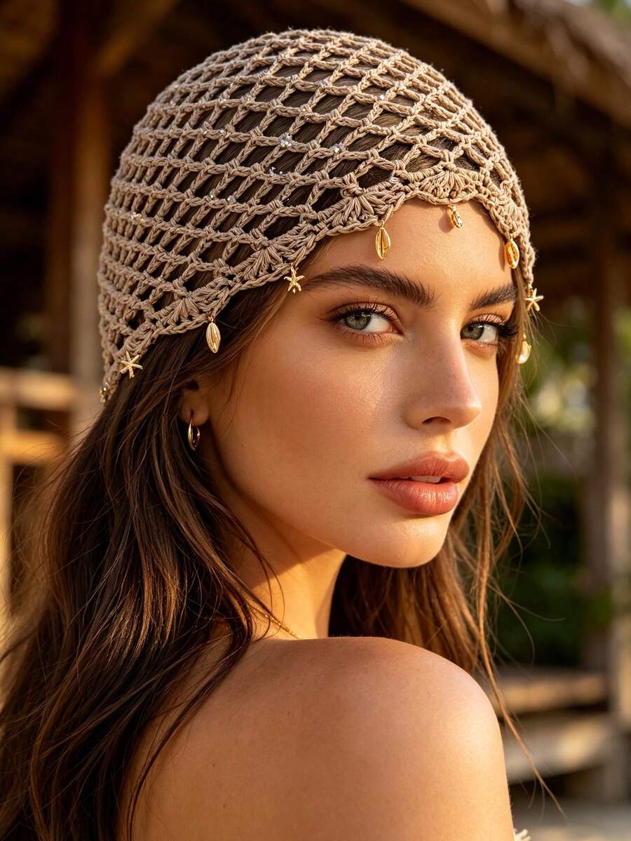 1pc Women's Bohemian Hollow Handmade Hat Band With Starfish & Shell Pendant, Vintage Crochet Knit Hat, Vacation Decorative Accessory For Photos, Suitable For Daily & Vacation Wear - Small Sequin Pendant - View 1
