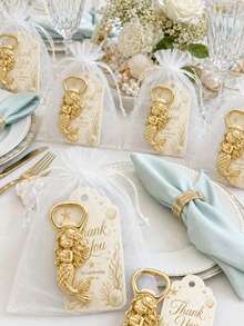 30pcs/10sets Gold Metal Mermaid Bottle Opener Party Favors, Includes Thank You Cards And Organza Bags, Under The Sea Theme Baby Shower Guest Gifts - Ocean - View 4
