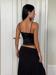 Women's Lace Patchwork Solid Color Cropped Camisole Top - Black - View 6