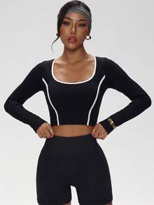 1pc Women's Ribbed Long Sleeve Sports Top, Autumn/Winter, Soft Elastic Shaping Slim Fit Versatile T-Shirt Black - Black - View 4