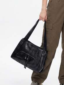 Black PU Patchwork Zipped Shoulder Bag With Metal Lettering – Women's Square Tote Bag, Large Capacity Ideal For Daily Commuting, Punk And Biker Styles - Black - View 4