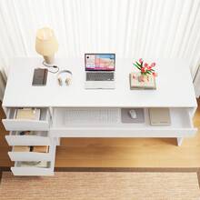 Desk 140x50 Cm With 5 Drawers, White/Oak Effect, Modern Computer Desk With Extra-Large Work Surface, Dressing Table With Storage, Desk For Remote Work, Bedroom And Office - A - View 4