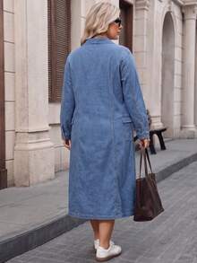 Traceable Cotton Women's Plus Size Long Light Blue Zipper Elegant Denim Dress Casual - Light Wash - View 5