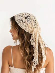 1pc Lace Floral Hollow Out Large Headscarf, Women's Fashion Beach Hair Wrap, Versatile Elegant Pastoral Style Hair Accessory, Suitable For Daily Wear, Vacation, Party - Multicolor - View 7