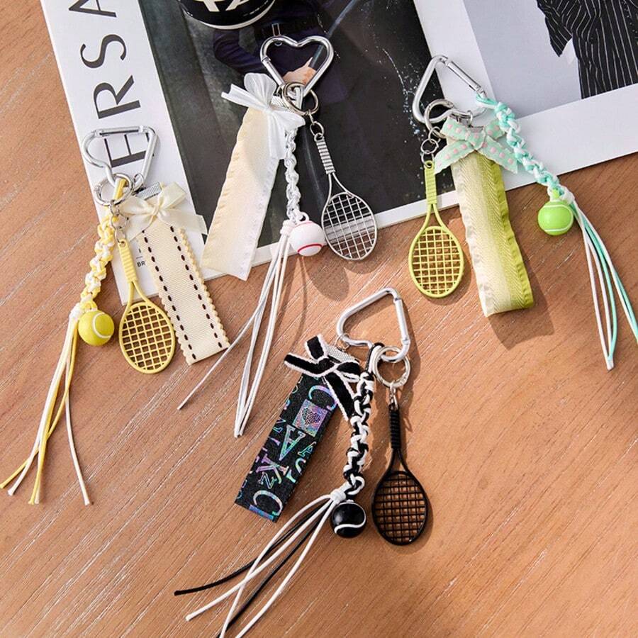 Y2K Tennis Racket Bag Charm, Handmade Braided Rope Keychain, Cute Ribbon Pendant, Aesthetic Phone Strap Accessory For Handbag Backpack - Multicolor - View 1