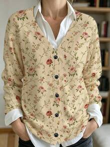 ADFHP Women's Vintage Printed Knit Cardigan, V-Neck Long Sleeve, Button Front, Autumn Casual Versatile Piece - Multicolor - View 8