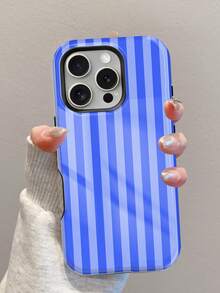 新款亮面藍莓條紋圖案 2 合 1 薄膜手機殼，全包覆硬殼，適用於 iPhone 18 Pro Max、17 Pro、17e、16 Pro、15 Pro、14、13、12、11、XR 和 XS。高端時尚有趣，適合日常通勤、學校、購物、約會、下午茶、野餐、海灘度假、夏季出遊等場合 - 藍色 - 查看 3