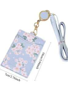 1pc Sakura Pattern Retractable Badge Hanging Rope PU Material Floral Pattern ID Card Holder Portable Cute Floral Pattern Storage Card Clip - Multicolor - View 2