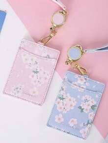 1pc Sakura Pattern Retractable Badge Hanging Rope PU Material Floral Pattern ID Card Holder Portable Cute Floral Pattern Storage Card Clip - Multicolor - View 1