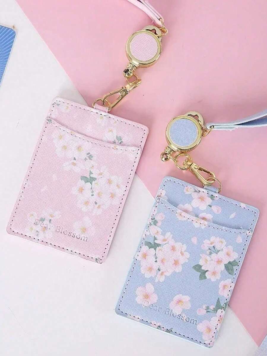1pc Sakura Pattern Retractable Badge Hanging Rope PU Material Floral Pattern ID Card Holder Portable Cute Floral Pattern Storage Card Clip - Multicolor - View 1