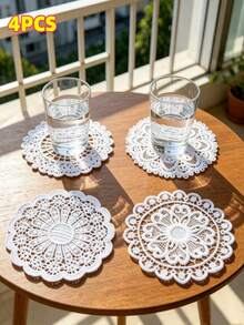 4 Pcs White Hand-Hooked Embroidery Cup Mats – Circular, Open-Work Lace Designs; Suitable As Coffee Cup Mats, Lace Table Runners, Vase Pads, And For Decorating Tables At Weddings, Birthdays, Parties, As Well As For Home And Kitchen Use Or As Gifts. - Multicolor - View 2