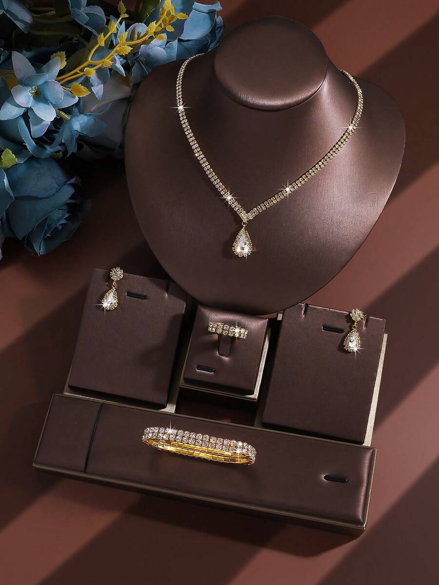 Juego de Joyas de Lujo Ligero con Strass de 5 Piezas: Collar, Pendientes, Pulsera y Anillo con Diseño de Lágrima, Adecuado para el Uso Diario de la Mujer, Bodas, Fiestas, Accesorios Elegantes, Modernos y Versátiles de Alta Gama - Multicolor - Ver 1