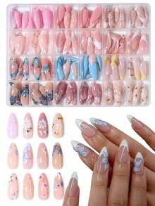 24Pieces (12 Mixed Styles) Long Almond Flower Nail Tips, French Acrylic Material, Perfect Fit - Multicolor - View 1