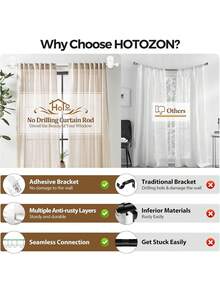 Curtain Rods No Drilling 32 To 58 Inch, 5/8 Inch No Drill Curtain Rods With Adhesive Brackets, Renter Friendly Adjustable Small Drapery Rod, White - Star - View 7