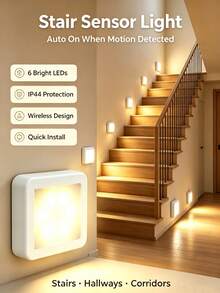 1/3/6pcs Smart Motion Sensor 6-LED Floor/Ceiling/Wall Light - Wireless, IP44, Auto On/Off, Plug-And-Play Installation, Modern Square Design. Suitable For Hallway, Stairs, Living Room, Bedroom (Battery Not Included). Ideal For Home - Square Lamp - View 4
