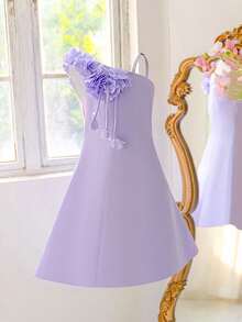 Vestido de noche elegante de un solo hombro con estampado floral para niñas preadolescentes, para dama de honor, fiesta de boda, baile, cumpleaños, graduación, concurso de belleza, actuación y ceremonia de graduación, vestido de princesa para niña - Púrpura malva - Ver 8