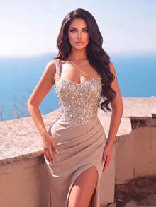 Women's Charming Sleeveless Backless Long Dress With Shoulder Straps, Contrast Sequin Decor, Slit Hem, Suitable For Formal Occasions And Balls - Champagne - View 7