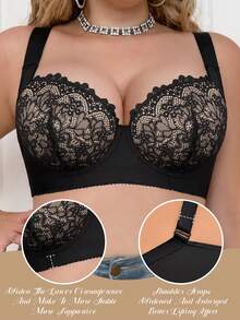 mimilemon Women's Plus Size Floral Lace Underwire Bra, Comfortable Breathable, Push Up Lifting, Widened Shoulder Straps, Wide Bottom Band Full Support - Black and White - View 1